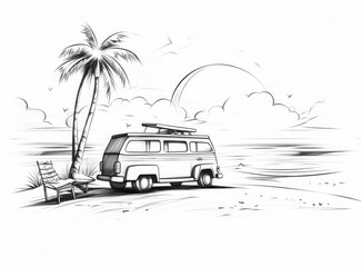 sketch car travel on beach with palm tree