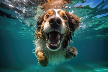 underwater view of dog paddling in pool - obrazy, fototapety, plakaty