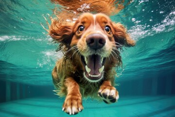 underwater view of dog paddling in pool - obrazy, fototapety, plakaty