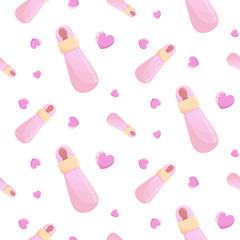 Seamless pattern with pink baby bottle for milk and hearts. background