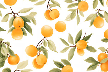 Apricots on branches with leaves, illustration pattern on white background. AI generative.