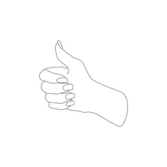 Thumb up, like, female hand beautiful manicure. Modern minimalistic vector line art illustration isolated on white. consent, approval, exposure concept
