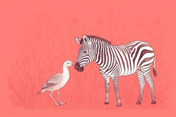 zebra  and a bird  on a pink background made by midjeorney