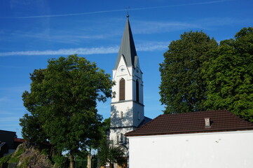Naklejka premium Church of Our Lady Queen of the Holy Rosary (kosciol Matki Bozej Krolowej Rozanca Swietego). Tower. Laziska Gorne, Poland.