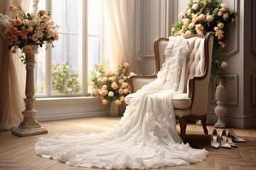 Enchanting room scene features elegant wedding elements dress, shoes, and bouquet Generative AI