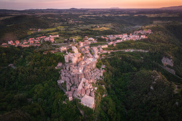 Aerial view of Italian medieval city, Sorano in the province of Grosseto in southern Tuscany, Italy
