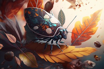 Beetle on an autumn leaf. Autumn colorful illustration. Multi-colored autumn leaves with a large colorful beetle