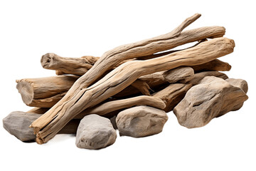 Assorted pieces of driftwood on a white background, Generative Ai