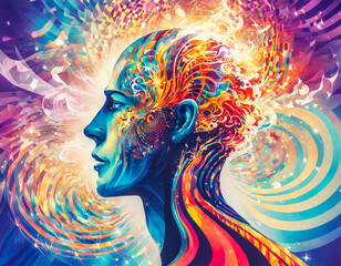 Head with swirling psychedelic patterns. Surreal and colorful background with a dreamlike and artistic mood. 