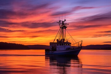 fishing boat silhouette against a colorful sunset