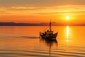 fishing boat sailing towards the horizon in golden hour