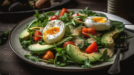 Tasty and healthy salad made of avocado, eggs, tomato, cucumber, cheese, arugula and chia seeds on a light plate. Top view. Flat lay.