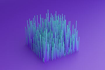 Abstract 3d render, purple and green geometric background design with lines