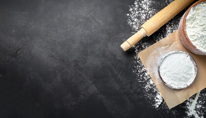 Banner. Baking background with free space for your text. Rolling pin and flour on black table. Copy...