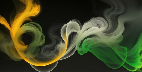 Abstract smoke wallpaper, silver and yellow green and white and orange cloud of smoke entwined and blend into each other in the middle on a black background, Generative AI, Generative