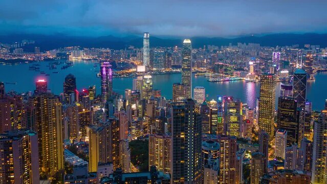 Aerial hyperlapse, dronelapse video of Hong Kong city at night