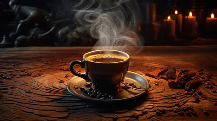 Fototapeta premium Cup of coffee on a wooden table. Generative Ai
