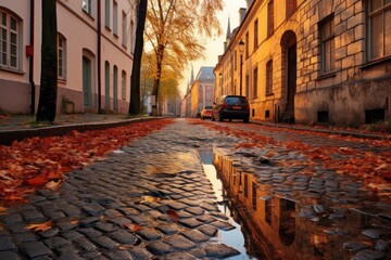 puddle on a cobblestone street after a ra