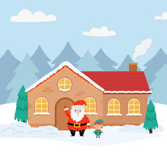 Cartoon Santa Claus and his assistant Christmas elf stand in the background of the house