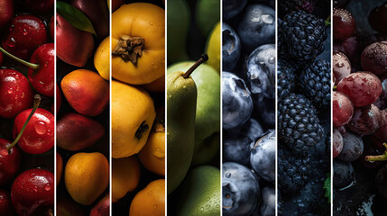 Colorful fresh fruits in rainbow colors as background header