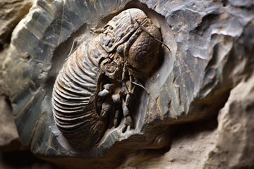 close-up of a trilobite fossil embedded in sedimentary rock