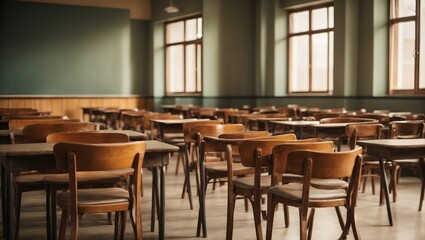 Situation of Covid-19 disease outbreak resulted in inability organize teaching learning in college. Lecture school empty classroom with desks chair iron wood when student close stay home in highschool