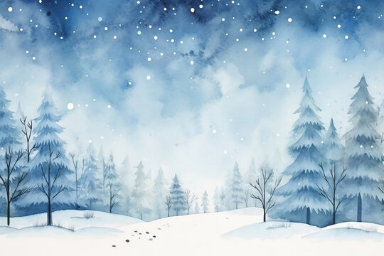 Winter watercolor christmas card. Hand drawn landscape background with falling snow, spruce forest silhouette