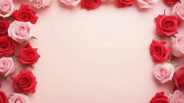 AI Generated, a picture frame made up of red roses flowers on soft pink background, top view with space for text on the center, minimalism
