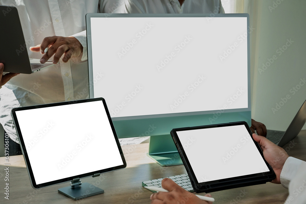 Poster laptop with blank screen on table. workspace background new project on laptop computer with blank co