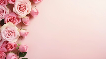 AI generated, a picture frame made up of red roses flowers on soft pink background, top view with space for text on the center, minimalism. - obrazy, fototapety, plakaty