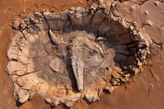dinosaur footprint fossil in mudstone, aerial view