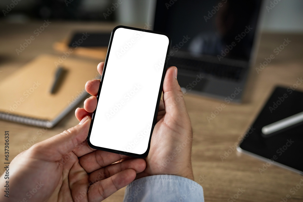 Poster man hand using phone with blank screen and modern frameless design and typing text message on smartp