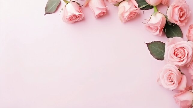 AI generated, a picture frame made up of red roses flowers on soft pink background, top view with space for text on the center, minimalism.