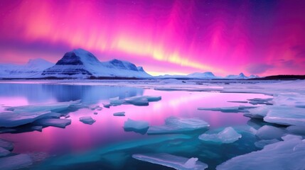 Pink aurora borealis, snowed mountains and melting ice 