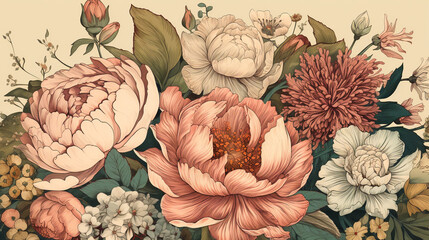 Beautiful vintage wallpaper botanical flower bunch, roses, peonies, daisies, Generative AI art