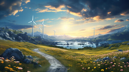 a field with wind turbines. Generative Ai - obrazy, fototapety, plakaty
