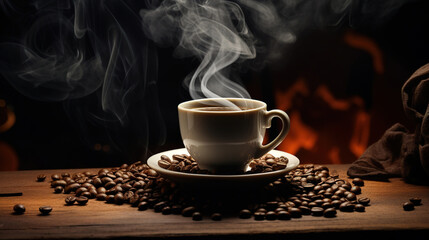 Cup of coffee on a wooden table. Generative Ai