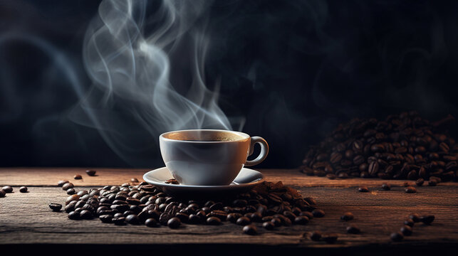 Cup of coffee on a wooden table. Generative Ai