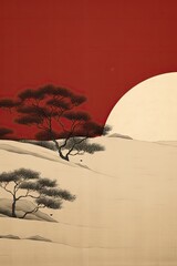 Ancient Calm in Modern Art - Minimalist Mural of a Zen Garden - A Red and Beige Homage to the Heian Period, An Elegant Landscape with Fine Detail - Background created with Generative AI Technology