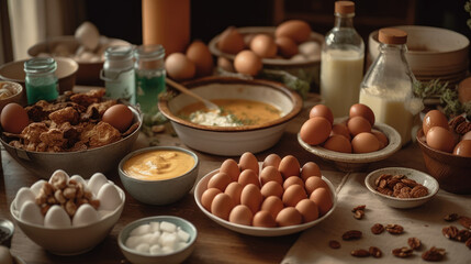 Table filled with various food items, including eggs, milk, cheese, and nuts. These ingredients are spread out across table in different bowls or containers.