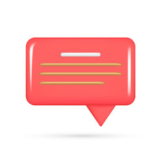 Realistic 3d red speech bubble, message button, chat box with talk speech notification. Glossy 3d element, dialogue icon, speak bubble symbol. Vector illustration isolated on white background