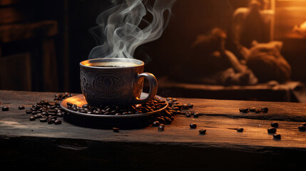 Fototapeta premium Cup of coffee on a wooden table. Generative Ai