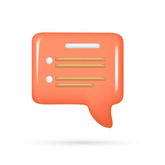 Realistic 3d red speech bubble, message button, chat box with talk speech notification. Glossy 3d element, dialogue icon, speak bubble symbol. Vector illustration isolated on white background