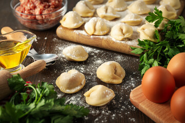 Fototapeta na wymiar Cooking home food concept with raw dumplings