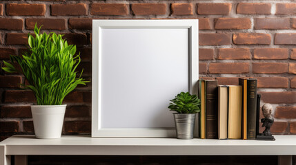 white blank square frame with brick wall background and plant,flower for advertisement