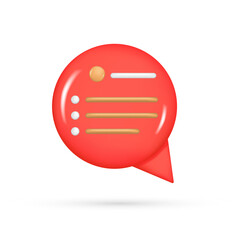 Realistic 3d red speech bubble, message button, chat box with talk speech notification. Glossy 3d element, dialogue icon, speak bubble symbol. Vector illustration isolated on white background