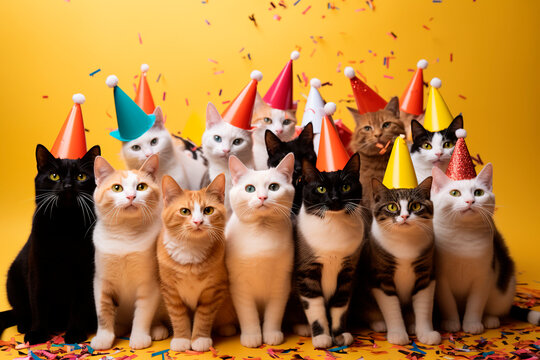 Group of cats celebrating a birthday on yellow background - Powered by Adobe
