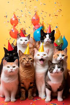 Group of cats celebrating a birthday on yellow background with confetti and balloons