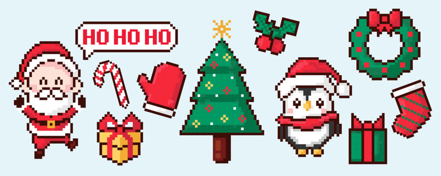 Xmas set of pixel festive elements - santa claus, christmas tree, penguin, gifts, сhristmas wreath, sock, mitten and oters. New Year's design for greeting card, stickers, logo, app.
