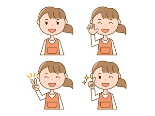 エプロン姿の女性店員_保育士さんの4ポーズセット_挨拶_ピース_いいね